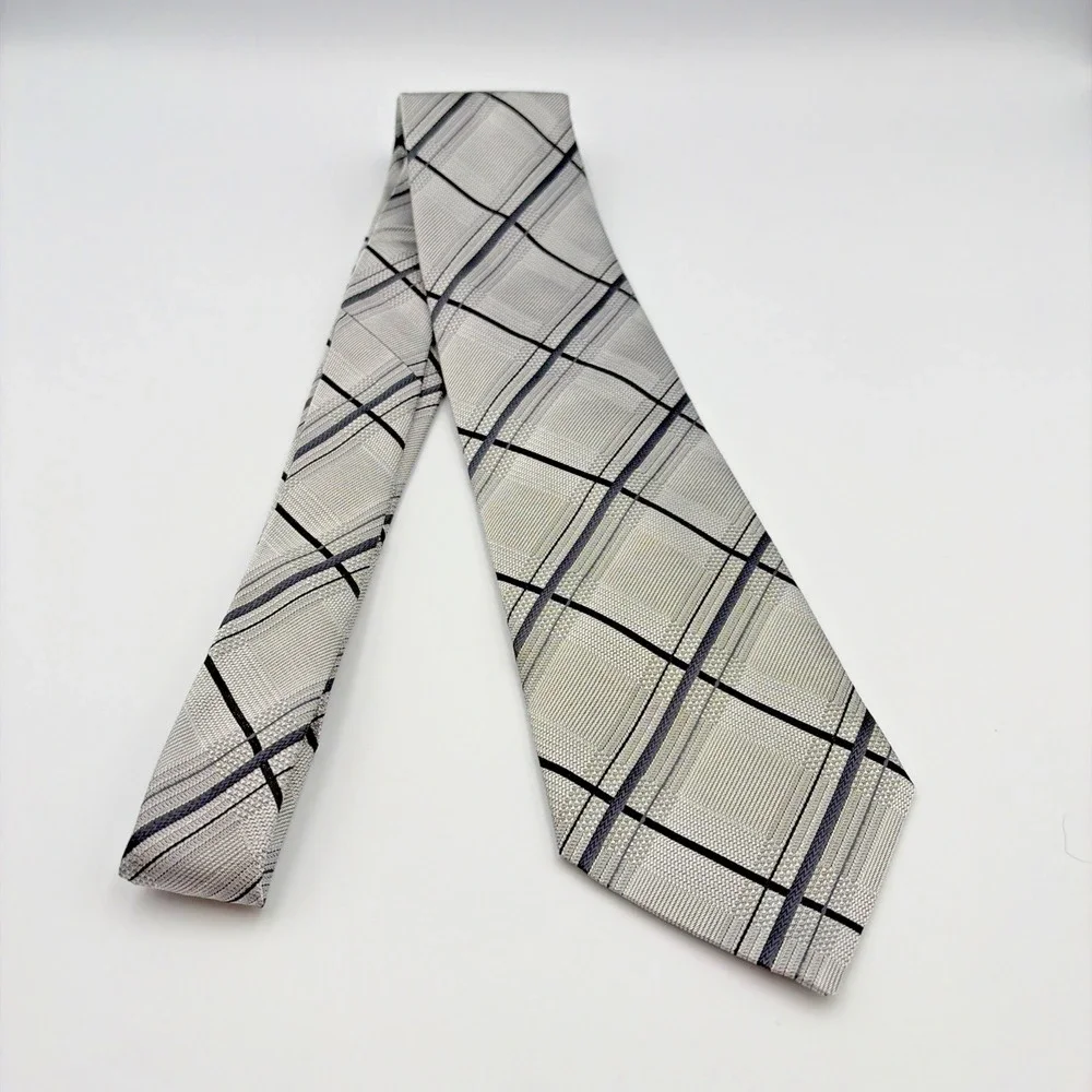 Etro Silk Tie Mens One Size Grey Black Plaid Woven Geometric Made in Italy